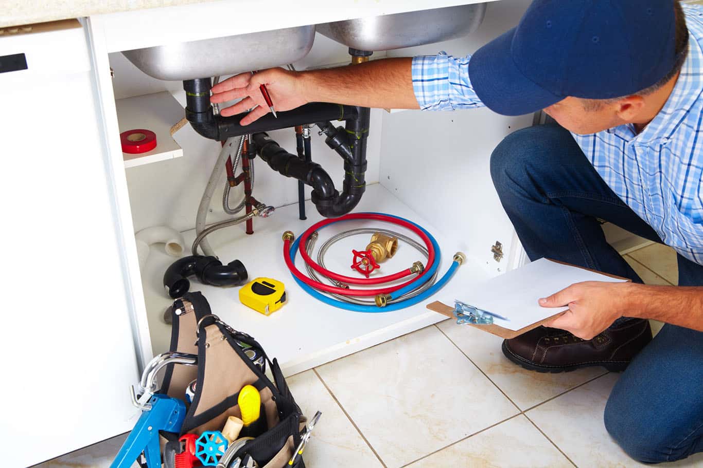 Plumber working on a sink in Lincoln, RI