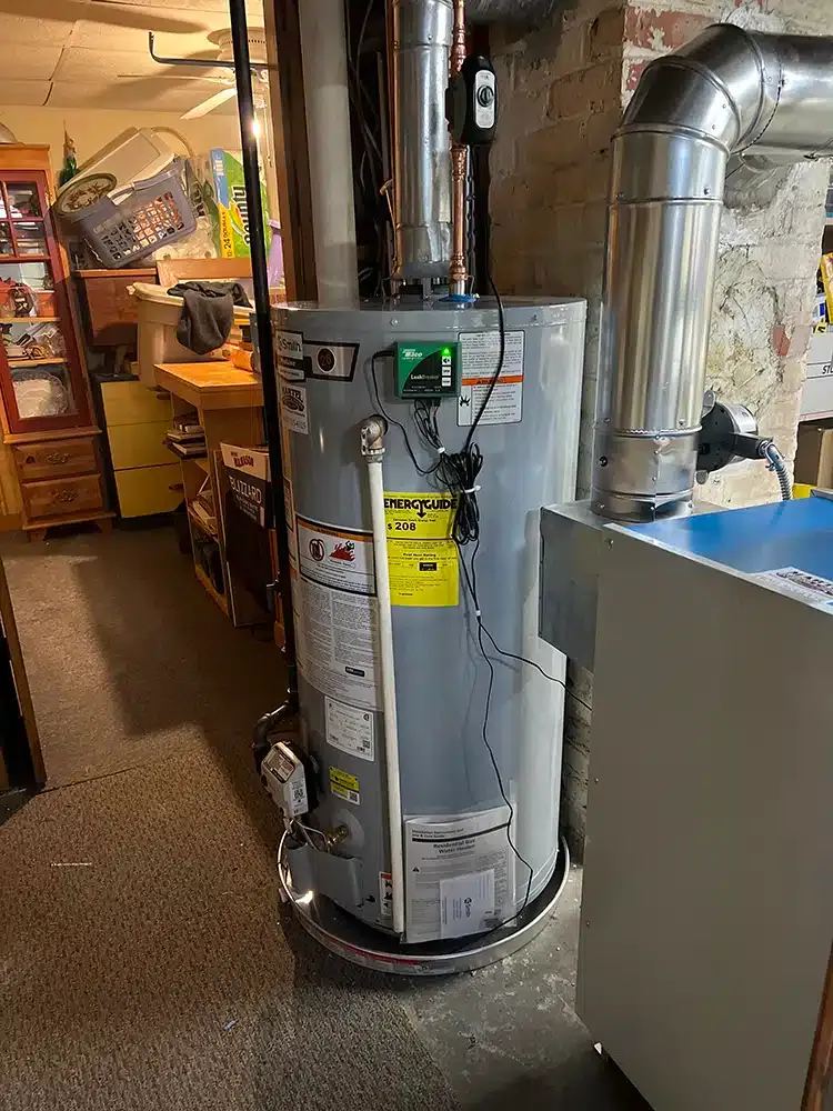 A water heater installed in a basement in Rhode Island.